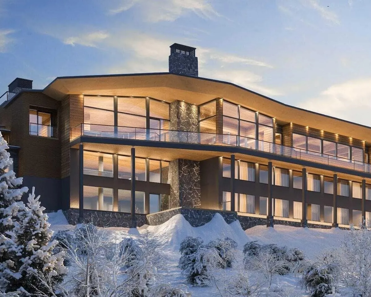 Architectural visualisation of the main Hilltop Hotel Iso-Syöte building.