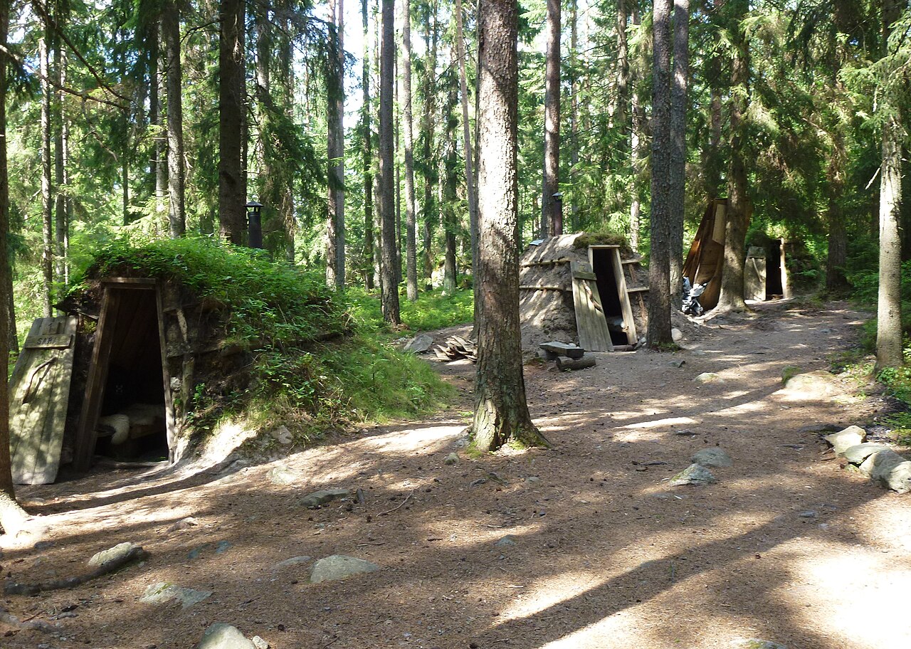 Grass-roofed charcoal huts among birch trees at Kolarbyn Eco-lodge.